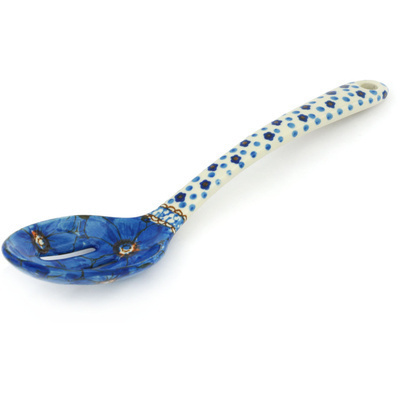 Polish Pottery Slotted Serving Spoon 13&quot; Blue Poppies UNIKAT