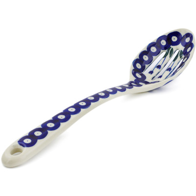 Polish Pottery Slotted Serving Spoon 13&quot; Blue Tulip Peacock