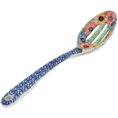 Polish Pottery Slotted Serving Spoon 13&quot; Primary Poppy Chain UNIKAT