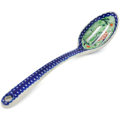 Polish Pottery Slotted Serving Spoon 13&quot; Rooster Dance UNIKAT