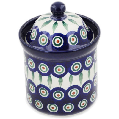 Polish Pottery Small Canister 6&quot; Peacock Leaves