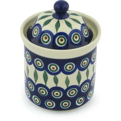 Polish Pottery Small Canister 6&quot; Peacock Leaves