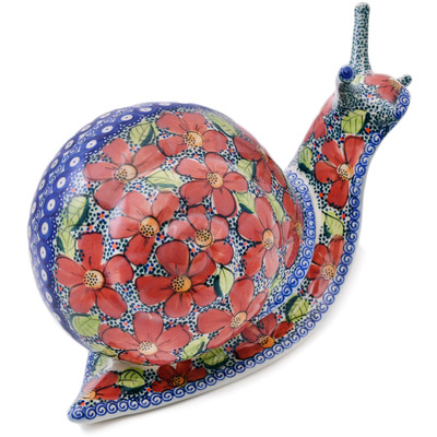 Polish Pottery Snail Figurine 14&quot; Red Wildflower UNIKAT
