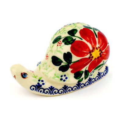 Polish Pottery Snail Figurine 3&quot; Snow Coral Zinnias UNIKAT