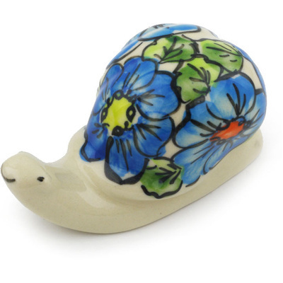 Polish Pottery Snail Figurine 4&quot; Bold Blue Poppies UNIKAT