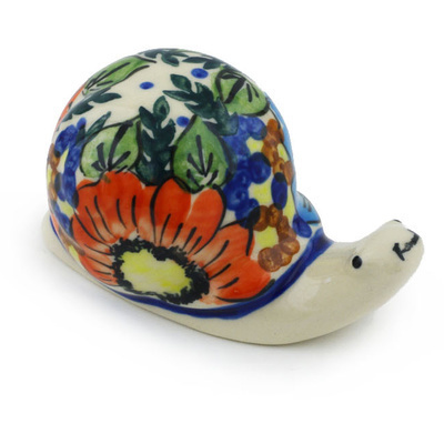 Polish Pottery Snail Figurine 4&quot; Bold Poppies UNIKAT