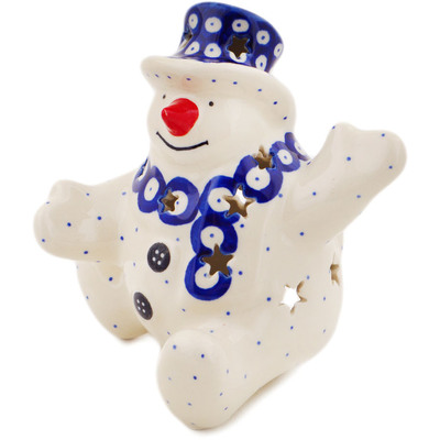 Polish Pottery Snowman Candle Holder 4&quot; Blue Eyes