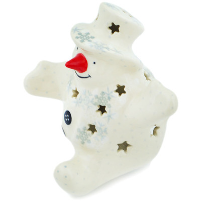Polish Pottery Snowman Candle Holder 4&quot; Silver Snow Fall UNIKAT