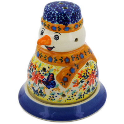 Polish Pottery Snowman Candle Holder 5&quot; Butterfly Summer Garden UNIKAT