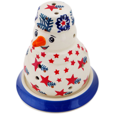 Polish Pottery Snowman Candle Holder 5&quot; Crimson Stars