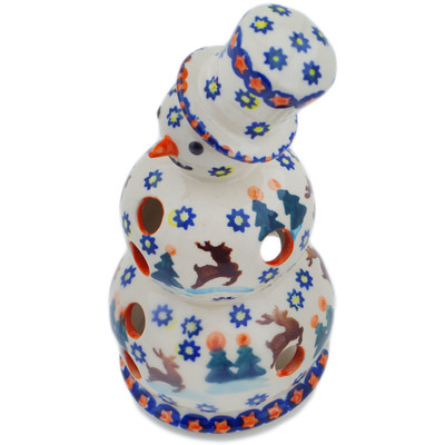 Polish Pottery Snowman Candle Holder 5&quot; Jolly Holiday