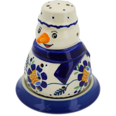 Polish Pottery Snowman Candle Holder 5&quot; Orange And Blue Flower
