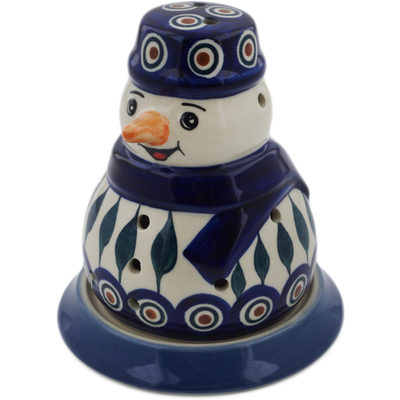 Polish Pottery Snowman Candle Holder 5&quot; Peacock Leaves