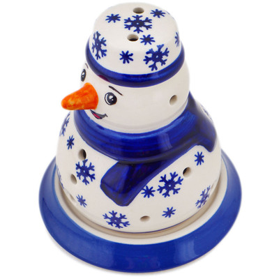 Polish Pottery Snowman Candle Holder 5&quot; Winter Butterfly