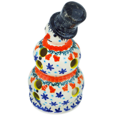 Polish Pottery Snowman Candle Holder 5&quot; Winter Wonderland
