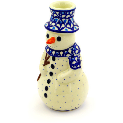 Polish Pottery Snowman Candle Holder 6&quot; Blue Diamond