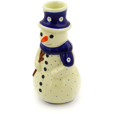 Polish Pottery Snowman Candle Holder 6&quot; Blue Eyes