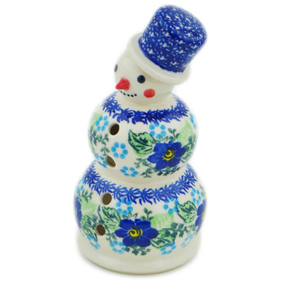 Polish Pottery Snowman Candle Holder 6&quot; Blue Floral Day UNIKAT