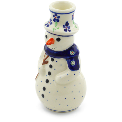 Polish Pottery Snowman Candle Holder 6&quot; Bright Peacock Daisy