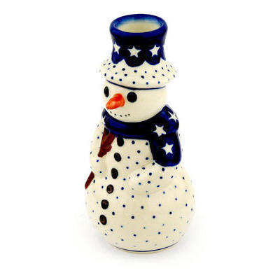 Polish Pottery Snowman Candle Holder 6&quot; Celestial Dreams