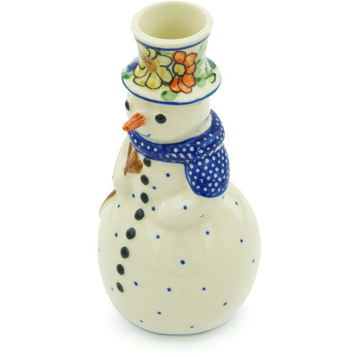 Polish Pottery Snowman Candle Holder 6&quot; Fall Garden UNIKAT