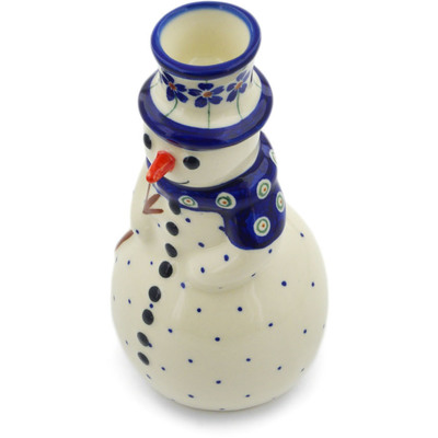 Polish Pottery Snowman Candle Holder 6&quot; Flowering Peacock