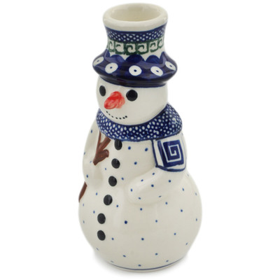 Polish Pottery Snowman Candle Holder 6&quot; Grecian Peacock