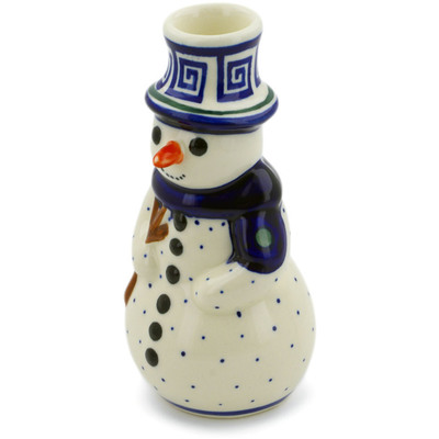 Polish Pottery Snowman Candle Holder 6&quot; Greek Key