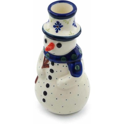 Polish Pottery Snowman Candle Holder 6&quot; Green Gingham Peacock