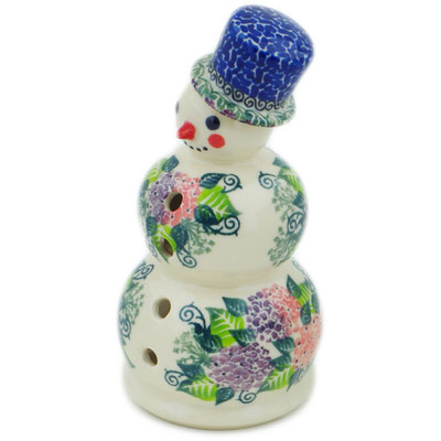 Polish Pottery Snowman Candle Holder 6&quot; Happy Hydrangea UNIKAT
