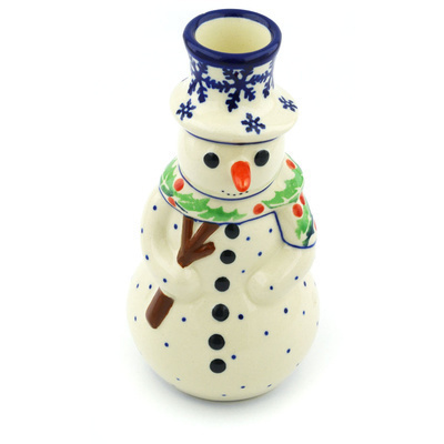 Polish Pottery Snowman Candle Holder 6&quot; Holly Berries