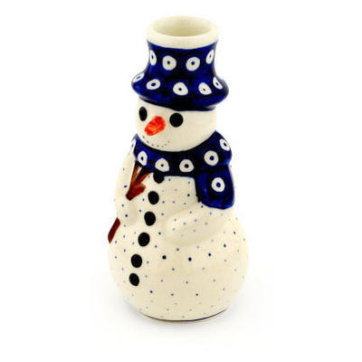 Polish Pottery Snowman Candle Holder 6&quot; Peacock Polka Dot