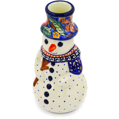 Polish Pottery Snowman Candle Holder 6&quot; Poppies UNIKAT