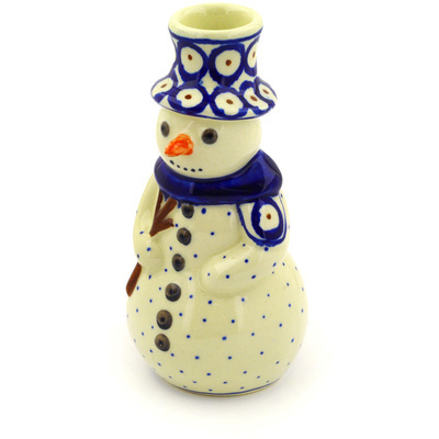 Polish Pottery Snowman Candle Holder 6&quot; Red Eyed Peacock