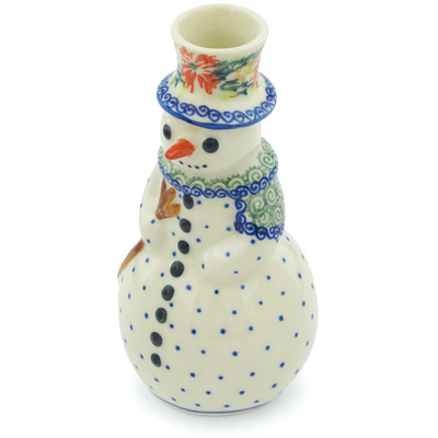 Polish Pottery Snowman Candle Holder 6&quot; Ring Of Flowers UNIKAT