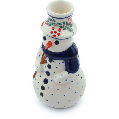 Polish Pottery Snowman Candle Holder 6&quot; Snowflakes Tree
