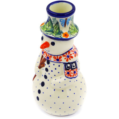 Polish Pottery Snowman Candle Holder 6&quot; Spring Splendor UNIKAT
