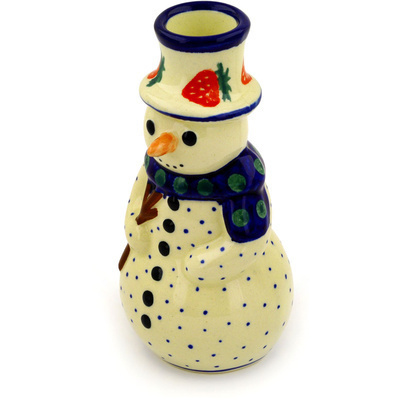 Polish Pottery Snowman Candle Holder 6&quot; Strawberry Peacock