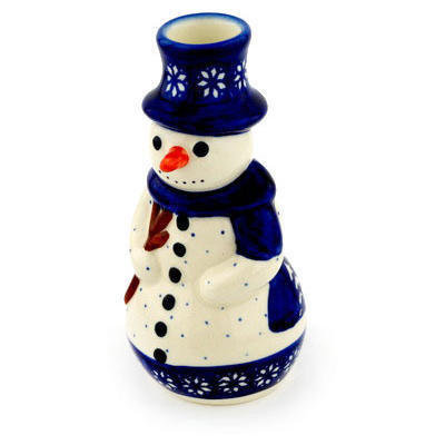 Polish Pottery Snowman Candle Holder 6&quot; Winter Night