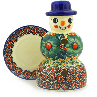 Polish Pottery Snowman Candle Holder 7&quot; Bloom &amp; Wild
