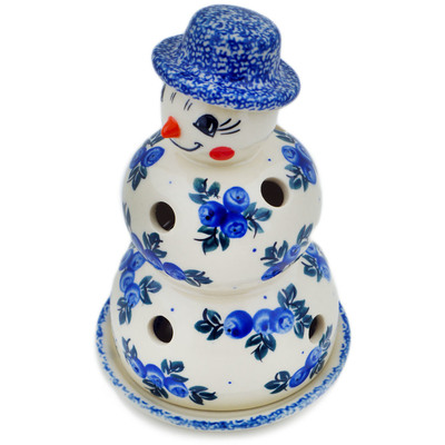 Polish Pottery Snowman Candle Holder 7&quot; Blue Berry Special UNIKAT