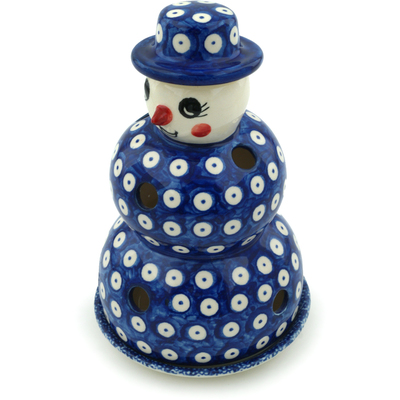 Polish Pottery Snowman Candle Holder 7&quot; Blue Eyes