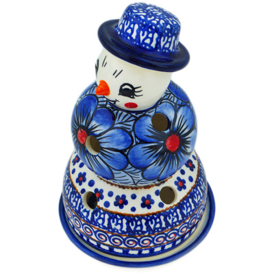 Polish Pottery Snowman Candle Holder 7&quot; Blue Heaven UNIKAT