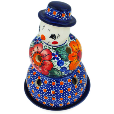 Polish Pottery Snowman Candle Holder 7&quot; Bold Pansy UNIKAT