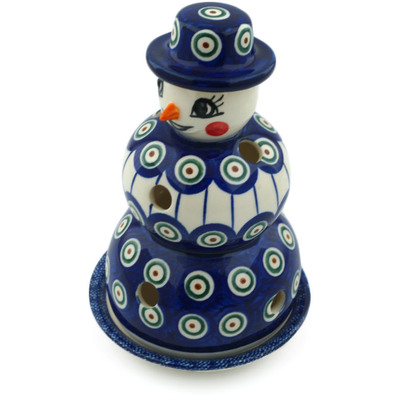 Polish Pottery Snowman Candle Holder 7&quot; Peacock