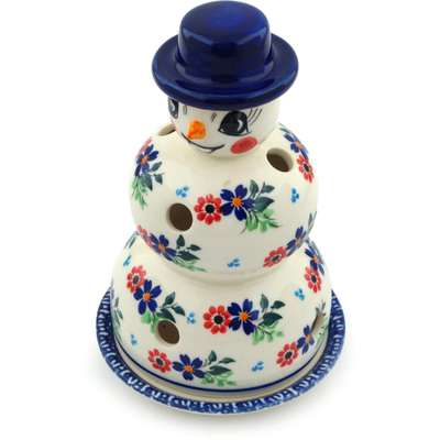 Polish Pottery Snowman Candle Holder 7&quot; Rising Flowers UNIKAT