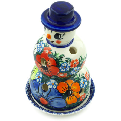 Polish Pottery Snowman Candle Holder 7&quot; Summertime Blues