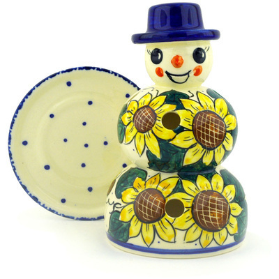 Polish Pottery Snowman Candle Holder 7&quot; Sunflower Power