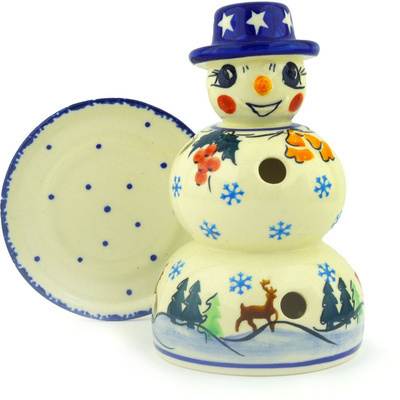 Polish Pottery Snowman Candle Holder 7&quot; UNIKAT