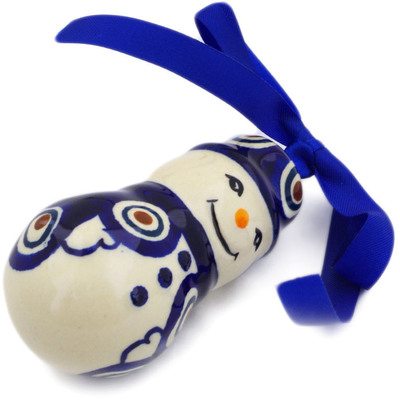 Polish Pottery Snowman Ornament 3&quot; Peacock Leaves